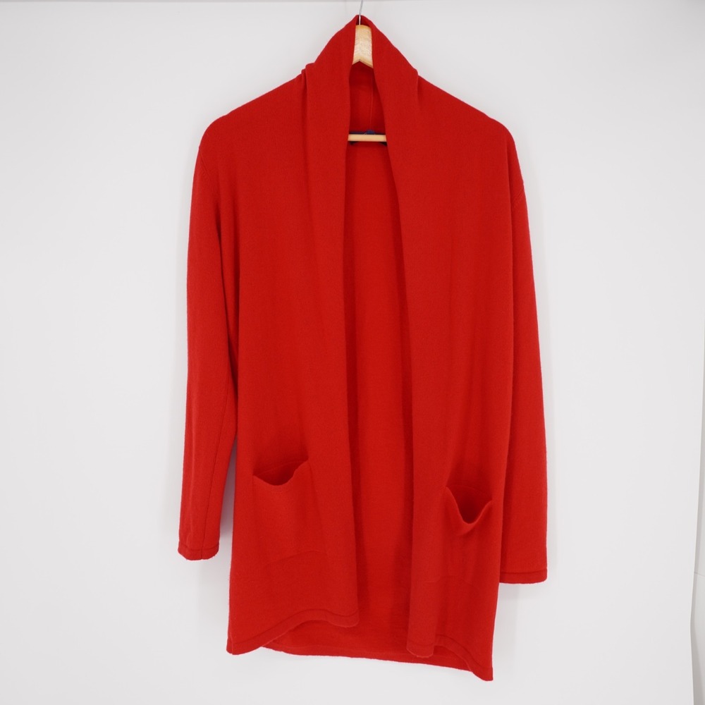 Gobi 100% Cashmere Open Front Long Cardigan Womens L Red Pockets Luxury Classic